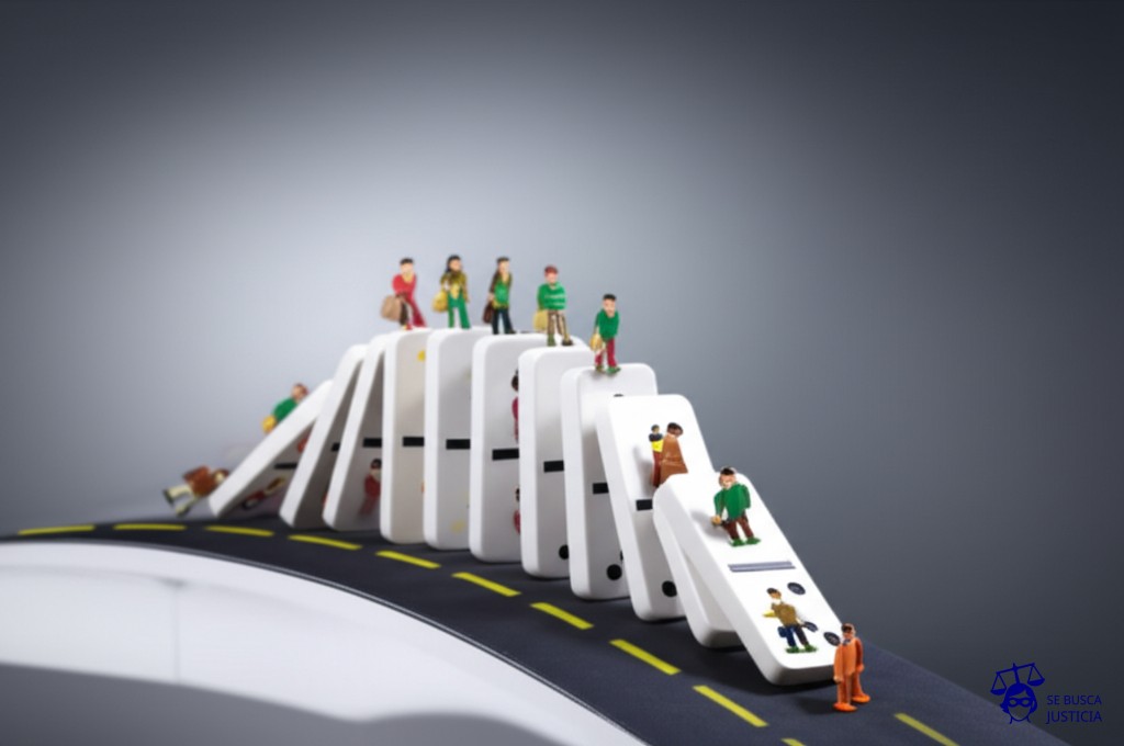 Un dominó gigante, inestable, a punto de caer, con figuras representando pasajeros, apilado precariamente sobre un camino sinuoso y lleno de obstáculos. Representa: Un servicio de transporte público incumple horarios rutas o condiciones de seguridad prometidas afectando la movilidad y seguridad de los pasajeros diariamente.