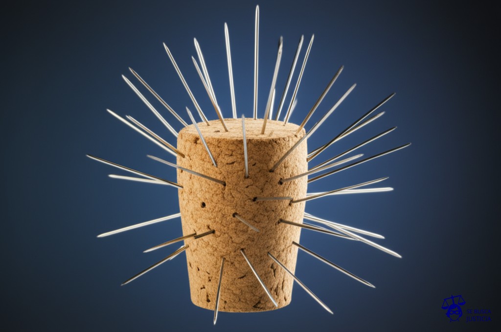 Un corcho (representando el organismo público) siendo perforado por varios alfileres (representando los trabajadores) que vuelven a clavarse en él. Representa: Un tribunal laboral ordenó reincorporación de trabajadores despedidos de organismo público (16 de julio de 2025)