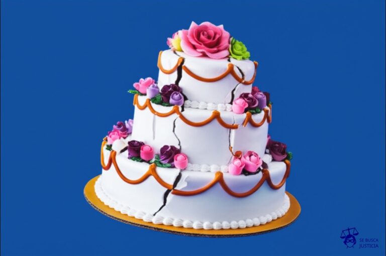 Un pastel de bodas con una base de cartón y decorado con glaseado agrietado y flores de plástico baratas, a punto de colapsar sobre sí mismo. Representa: Una constructora entrega una vivienda con defectos estructurales graves o acabados de baja calidad que no cumplen con lo prometido en el contrato de compraventa afectando la habitabilidad.