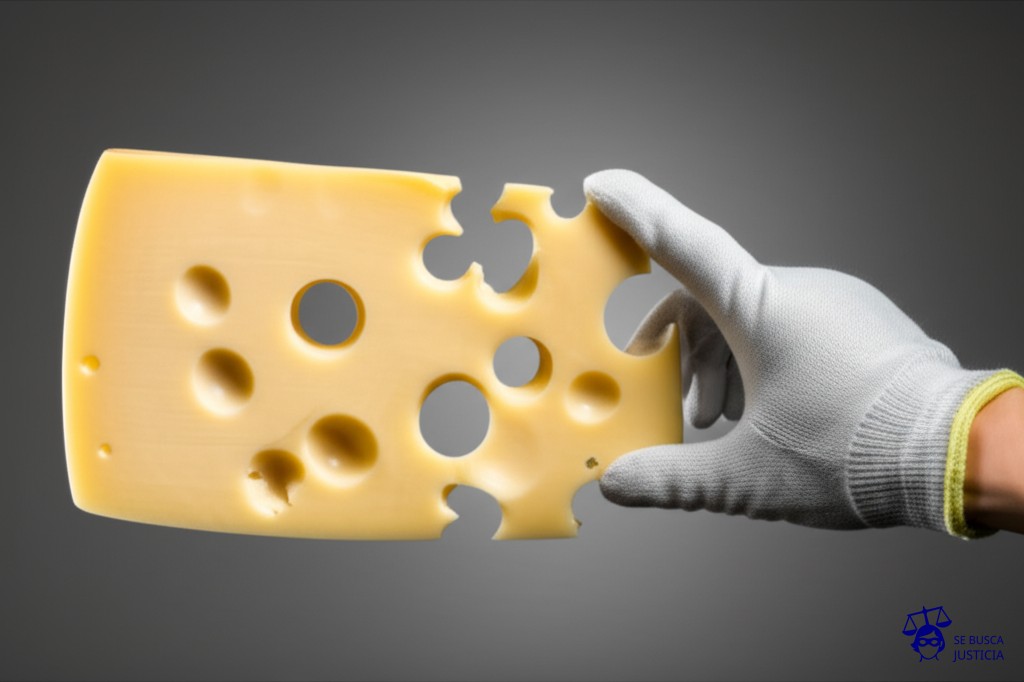 Un queso suizo con agujeros, cada agujero representando una ventana o puerta de una casa, y una mano con un guante intentando tomar una rebanada de queso a través de uno de los agujeros. Representa: Una empresa de alarmas para el hogar no responde a las activaciones o el sistema presenta fallas constantes dejando la propiedad vulnerable a robos o intrusiones.