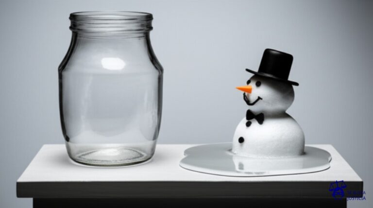 Un pequeño muñeco de nieve de aspecto feliz, con un sombrero de copa, se derrite lentamente sobre un mostrador. Un vendedor (representado por un objeto inanimado, como una jarra grande y vacía) lo observa impasible, sin hacer nada para evitarlo. Representa: Una tienda minorista se niega a aplicar la garantía de un producto defectuoso adquirido por un consumidor alegando un uso indebido sin pruebas fehacientes dejando al cliente desamparado ante el desperfecto.
