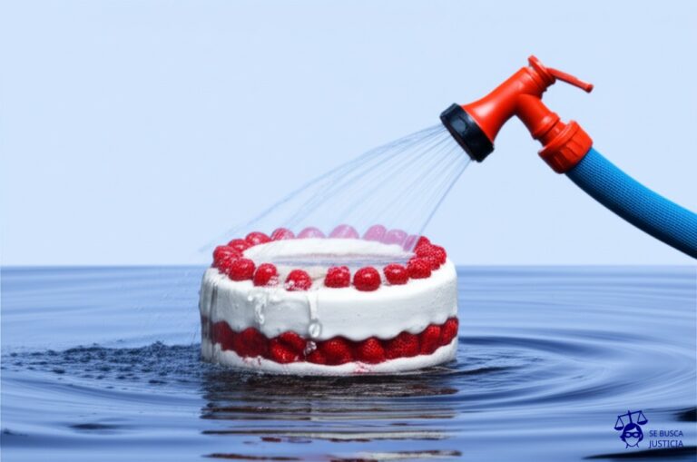 Un gran pastel de cumpleaños (representando la urbanización) siendo regado por una manguera (representando el agua) mientras se hunde lentamente en un pantano (representando el área de recarga hídrica). Representa: Urbanización en áreas de recarga hídrica