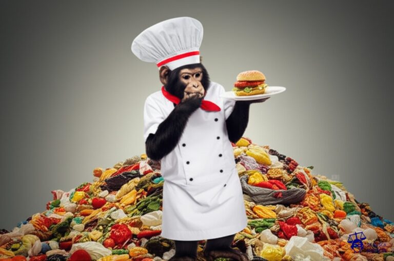 Un mono con un gorro de chef, sirviendo un plato de comida elaborada a un grupo de comensales. El mono come directamente de una gran pila de basura escondida detrás de él. Representa: Uso de datos de investigación de terceros sin citación adecuada