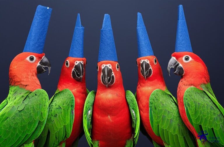 Un grupo de loros, cada uno con un gorro puntiagudo, repitiendo la misma frase idéntica. Representa: Uso de eslóganes protegidos en campañas políticas