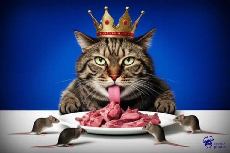 Un gran gato obeso, con una corona torcida, comiendo con voracidad un plato vacío. Alrededor del gato, hay pequeños ratones hambrientos, observándolo. Representa: Uso de imágenes con derechos reservados en campañas publicitarias