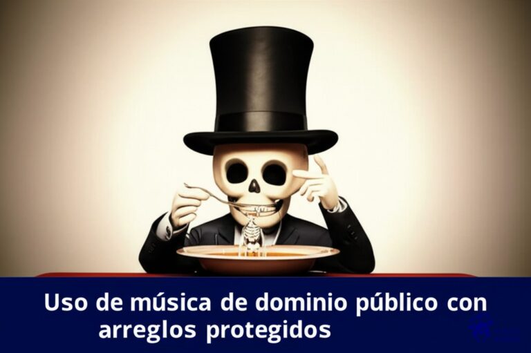 Un hombre con un elegante sombrero de copa está sirviendo sopa en un plato. La sopa es transparente y dentro se ven trozos de un esqueleto. Representa: Uso de música de dominio público con arreglos protegidos