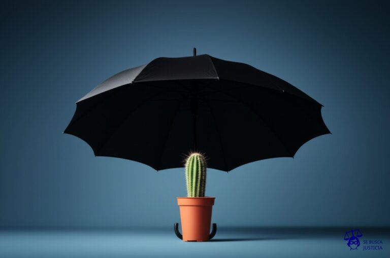 Un gran paraguas negro, abierto, cubriendo completamente a un pequeño y solitario cactus. Representa: Uso de patentes con fines puramente intimidatorios ("patent trolls")