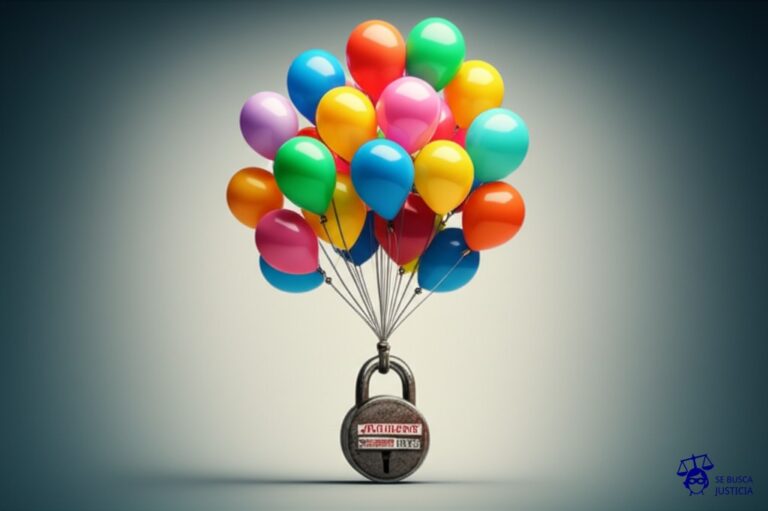 Un candado gigante, oxidado y con una etiqueta de PROHIBIDO TOCAR, atado a un puñado de globos coloridos que intentan elevarse. Representa: Uso de tipografías con licencia restrictiva en proyectos comerciales