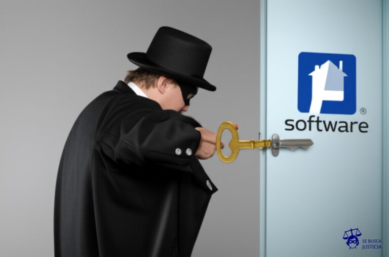 Un ladrón con un sombrero de copa intentando abrir la puerta de una casa con una llave gigante y torcida. La puerta tiene el logo de una empresa de software. Representa: Uso ilegal de software comercial