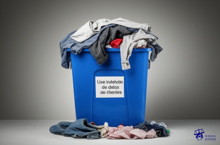 Un gran cubo de basura desbordante, lleno de ropa interior usada que se sale y se esparce por el suelo. Representa: Uso indebido de datos de clientes