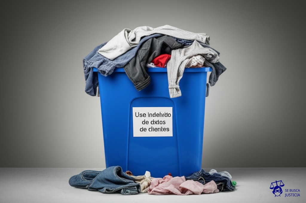 Un gran cubo de basura desbordante, lleno de ropa interior usada que se sale y se esparce por el suelo. Representa: Uso indebido de datos de clientes