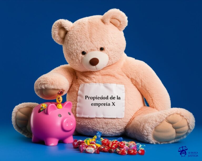 Un oso de peluche gigante, con una etiqueta de Propiedad de la empresa X cosida en la panza, intentando meter a la fuerza un puñado de caramelos en una alcancía con forma de cerdito, pero la alcancía está rota y los caramelos se caen por todos lados. Representa: Uso indebido de software registrado en empresas sin licencia