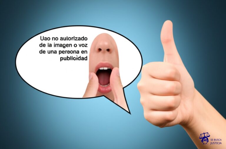 Un gran bocadillo de cómic con la forma de la cara de una persona, siendo tragado a medias por una mano anónima con un pulgar hacia arriba (el me gusta de las redes sociales). Representa: Uso no autorizado de la imagen o voz de una persona en publicidad