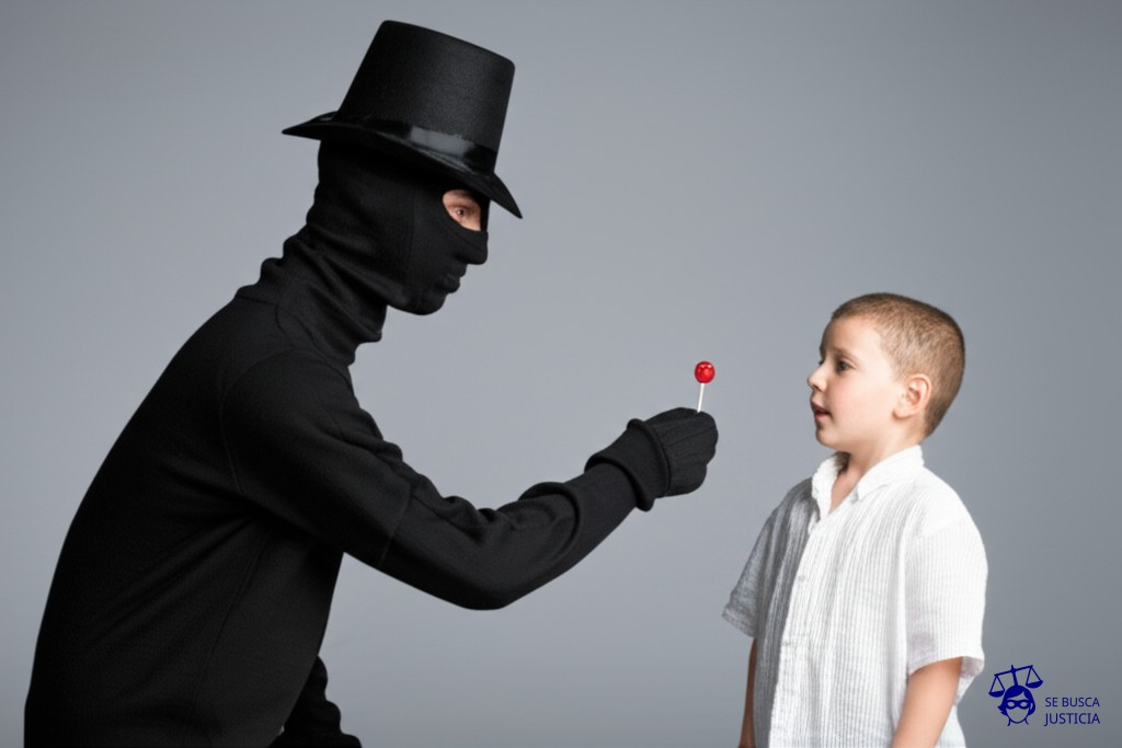 Un ladrón con sombrero de copa y antifaz intentando robar un caramelo de un niño pequeño. Representa: Uso no autorizado de material de archivo en documentales