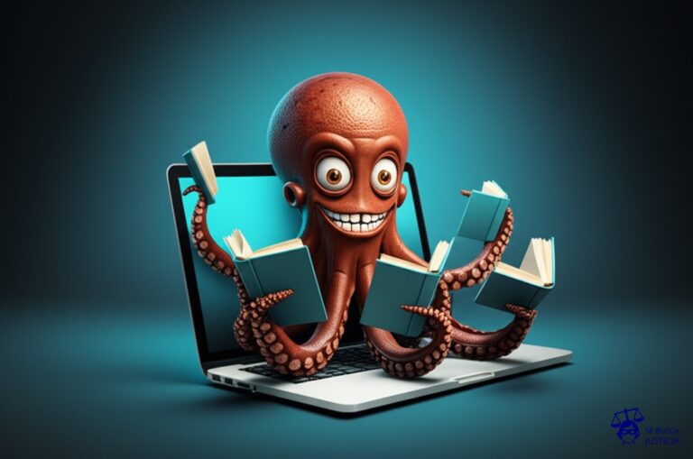 Un pulpo con múltiples tentáculos, cada uno agarrando un libro diferente, todos conectados a una gran laptop con una sonrisa maliciosa en la pantalla. Representa: Uso no autorizado de material educativo protegido en plataformas virtuales