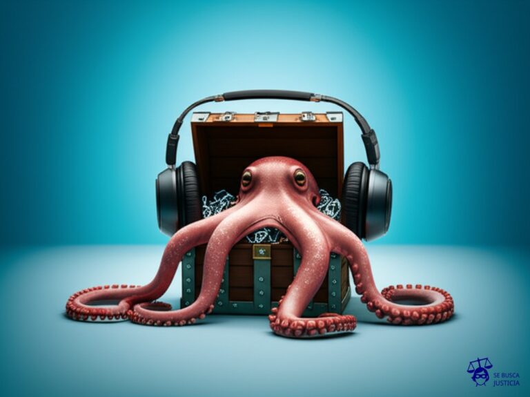 Un pulpo con auriculares robando un cofre del tesoro lleno de notas musicales. Representa: Uso no autorizado de música protegida en videos de redes sociales