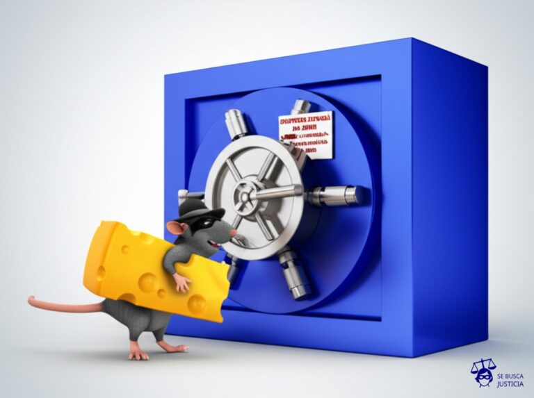 Un gran cofre fuerte, con cerraduras complejas y una etiqueta que dice PROPIEDAD PRIVADA - NO ABRIR, del cual, un pequeño ratón con un sombrero de ladrón, sale arrastrando un gran trozo de queso. Representa: Uso no autorizado de secretos industriales o empresariales