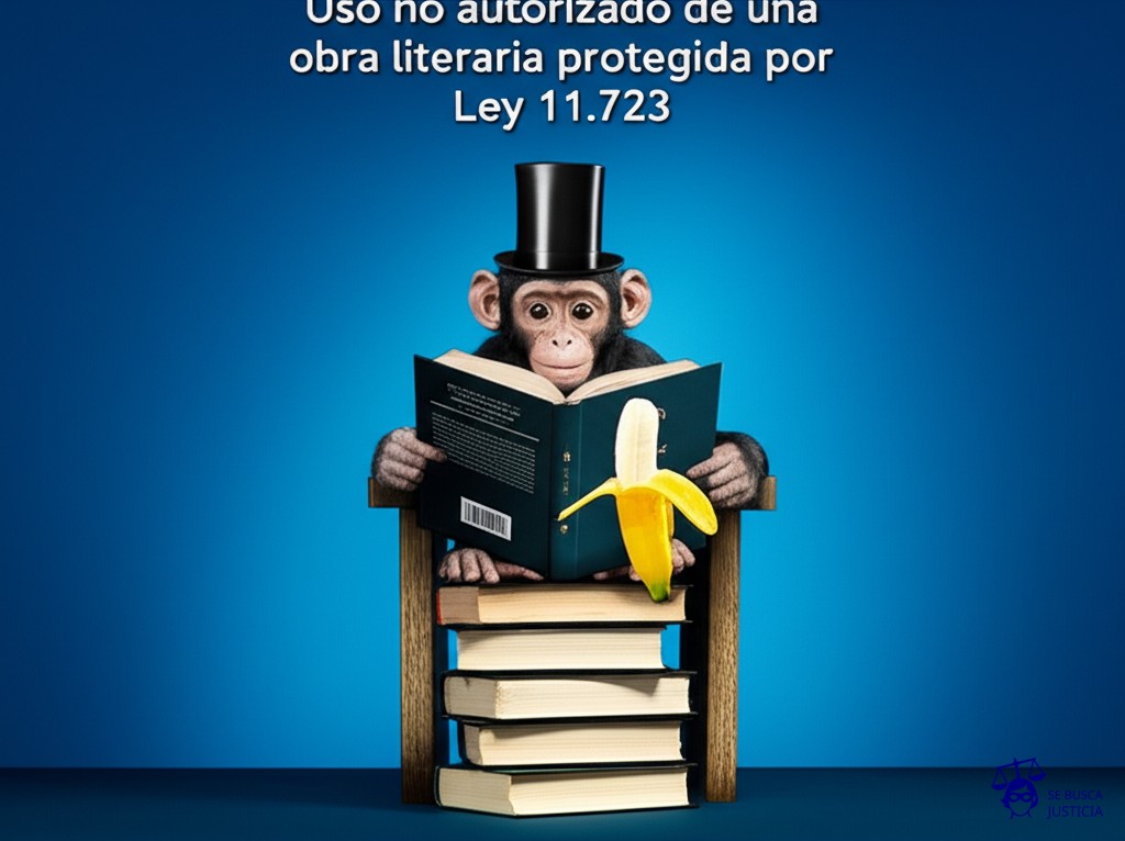 Un mono con un sombrero de copa, sentado en un trono hecho de libros, comiendo una banana mientras lee un libro abierto que tiene la portada idéntica al que está usando como trono. Representa: Uso no autorizado de una obra literaria protegida por Ley 11.723