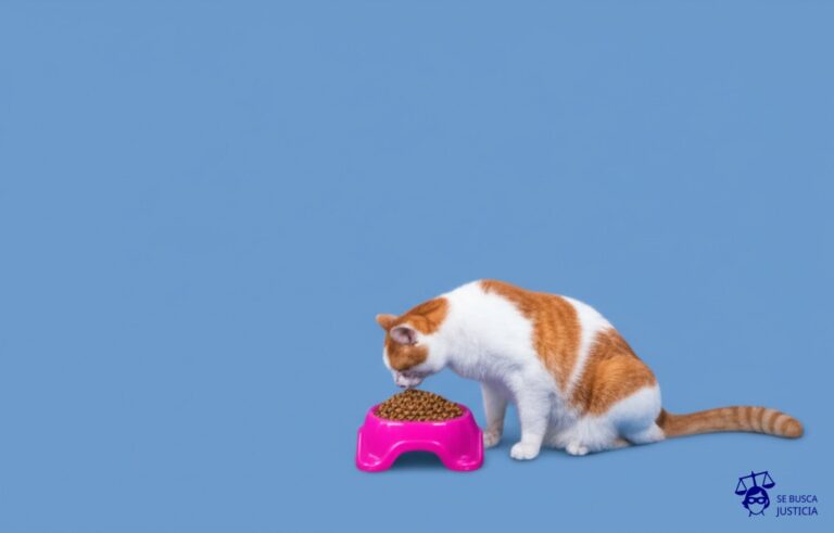 Un gato (representando la autoridad) sentado en una silla de perro, comiendo un plato de comida para perros. Representa: Usurpación de funciones por parte de autoridades administrativas