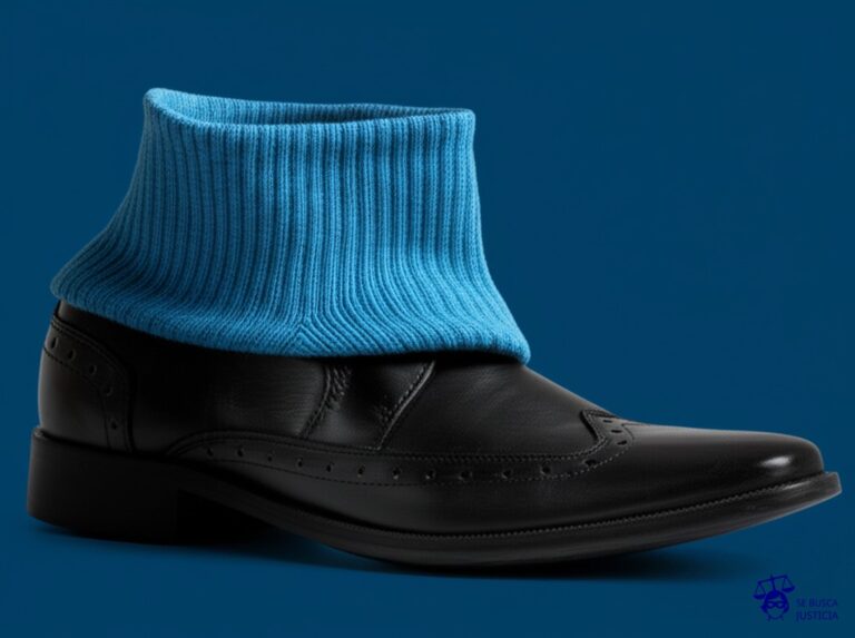 Un calcetín intentando meterse en un zapato que claramente no es su talla, con el calcetín sobresaliendo ridículamente. Representa: Usurpación de identidad