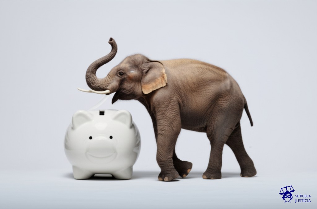 Un elefante (representando el poder ejecutivo) intentando meterse en una ranura de una alcancía (representando un proceso legal específico) que es claramente demasiado pequeña para él. Representa: Utilización de la vía ejecutiva para fines improcedentes