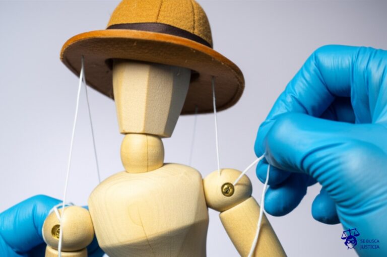 Un maniquí de madera (sin brazos ni piernas) con un sombrero de explorador, siendo controlado por un par de guantes de goma quirúrgicos. Representa: Utilización de personajes protegidos sin autorización en videojuegos