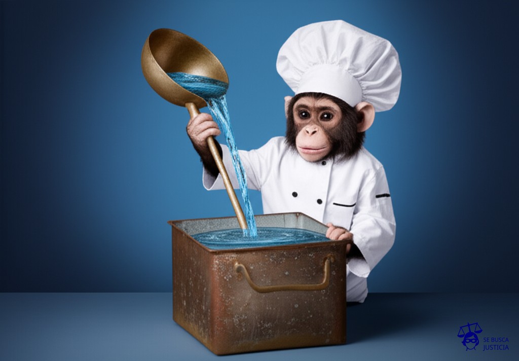 Un mono con un sombrero de chef, usando un cucharón gigante para vaciar una fuente de agua cristalina en un cubo oxidado. Representa: Utilización indebida de información pública