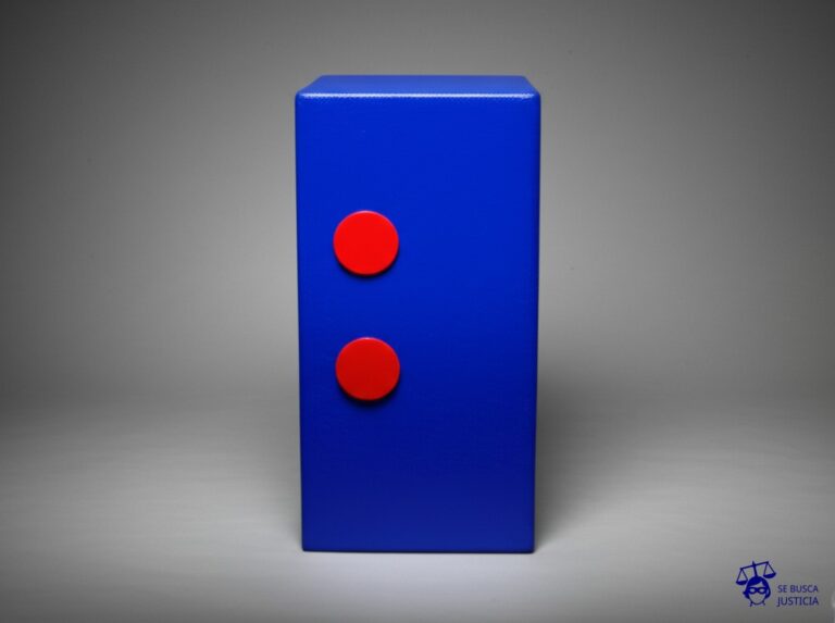 Un gran cofre, similar a una máquina expendedora de caramelos, con dos grandes botones rojos en lugar de ranuras. Representa: Valie Export fue arrestada por su performance 'Tapp und Tastkino' al portar una caja que permitía tocar sus pechos