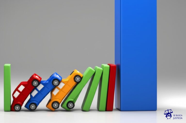 Un dominó gigante, con el último bloque (el coche) inclinado y a punto de caer sobre una fila de pequeños dominós (otros coches). Representa: Vehículo sin ITV provocando accidente