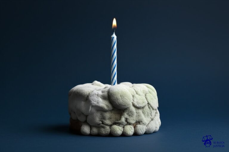 Un pastel con una sola vela, pero la vela está hecha de moho. Representa: Venta de productos vencidos o defectuosos