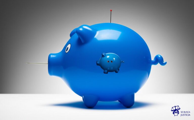 Un gran globo inflado con la forma de un cerdito (que representa el préstamo), siendo pinchado por un alfiler diminuto (el seguro), que esconde una aguja hipodérmica gigante. Representa: Venta engañosa de seguros vinculados a préstamos