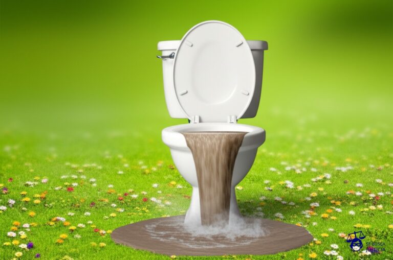 Un inodoro gigante, con la tapa levantada, desbordándose con una mezcla turbia y humeante que se extiende por un paisaje idílico de hierba verde y flores. Representa: Vertido de aguas residuales sin tratamiento