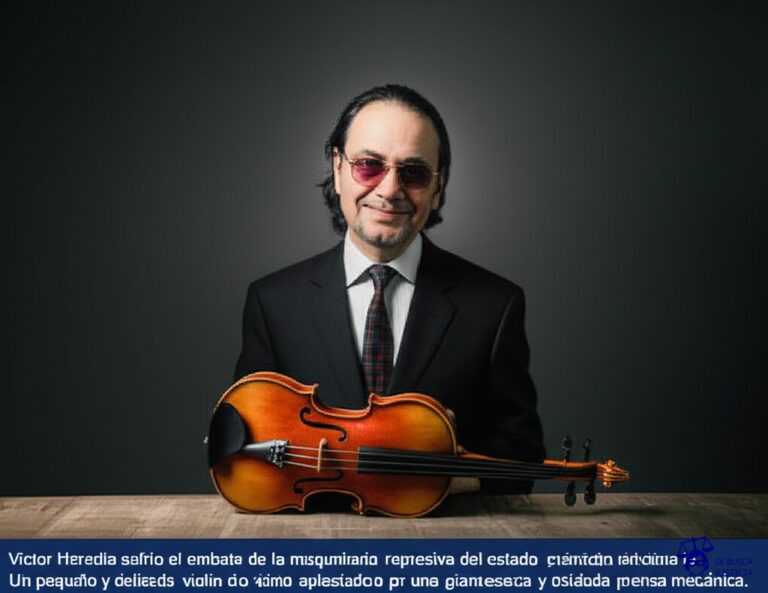 Un pequeño y delicado violín siendo aplastado por una gigantesca y oxidada prensa mecánica. Representa: Victor Heredia sufrio el embate de la maquinaria represiva del estado durante la dictadura argentina