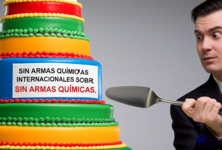 Un gran pastel, bellamente decorado, con una etiqueta que dice SIN ARMAS QUÍMICAS. Un individuo con una cuchara grande está a punto de clavar la cuchara en el pastel, con una expresión de avidez. Representa: Violación de convenios internacionales sobre armas químicas