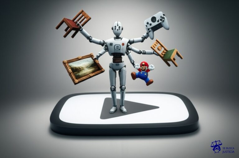 Un robot con forma de maniquí, con múltiples brazos extendidos, cada uno sosteniendo una versión pixelada y grotesca de un objeto icónico (una silla famosa, un cuadro reconocible, un personaje de videojuego popular), todos visiblemente estirados y deformados. El robot está parado sobre una plataforma flotante con la silueta de un símbolo de Play (►) gigante. Representa: Violación de derechos de autor en el metaverso y entornos virtuales