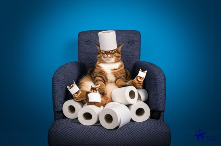Un gato gordito, tranquilamente sentado en un cojín, usando una corona hecha de un rollo de papel higiénico. A su lado, una pila desordenada de copias idénticas del gato, también con coronas de papel higiénico, pero más pequeñas y con aspecto usado. Representa: Violación de derechos de autor en productos