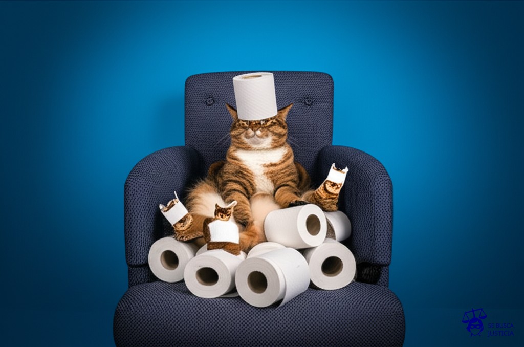 Un gato gordito, tranquilamente sentado en un cojín, usando una corona hecha de un rollo de papel higiénico. A su lado, una pila desordenada de copias idénticas del gato, también con coronas de papel higiénico, pero más pequeñas y con aspecto usado. Representa: Violación de derechos de autor en productos
