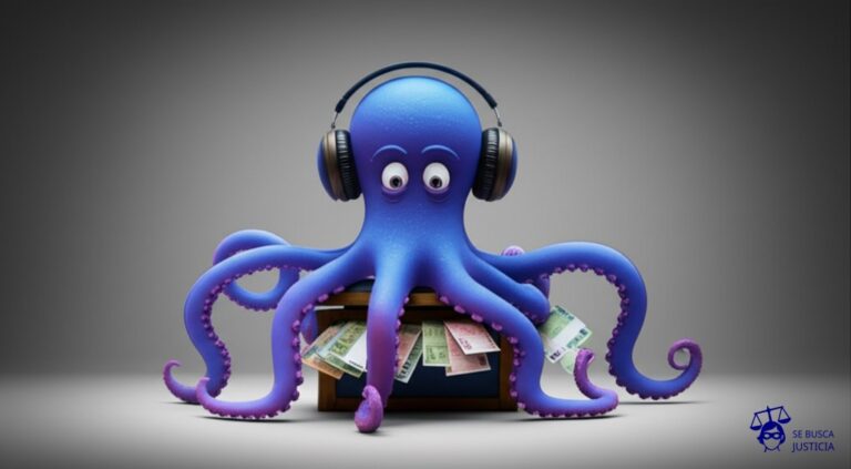 Un pulpo con auriculares, extendiendo sus tentáculos para agarrar billetes de un cofre del tesoro. Representa: Violación de derechos de autor en transmisiones de obras musicales en vivo