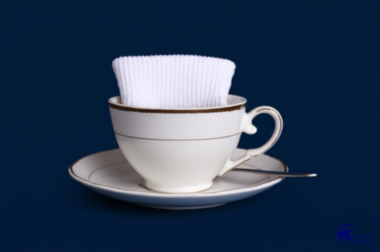 Un calcetín sucio sobresaliendo de una taza de té limpia y delicada. Representa: Violación de domicilio