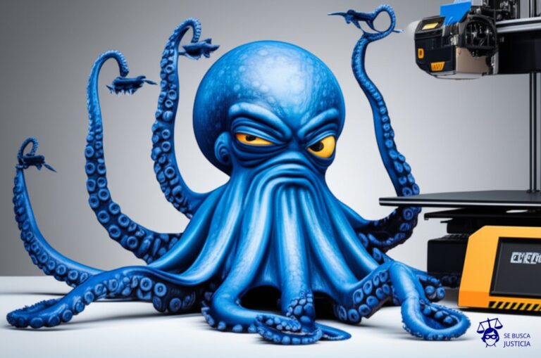 Un pulpo con múltiples tentáculos, cada uno sujetando una copia idéntica de un objeto complejo, saliendo de una impresora 3D. El pulpo tiene una expresión de satisfacción maliciosa. Representa: Violación de patentes en impresión 3D sin licencia