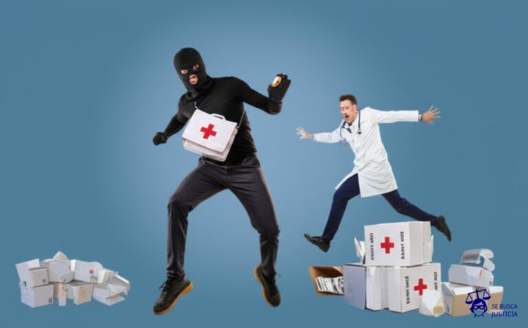 Un ladrón con una máscara y un botiquín de primeros auxilios, corriendo a toda velocidad con una pastilla gigante robada en la mano, mientras que tras él, un médico con una bata blanca y un estetoscopio intenta alcanzarlo, tropezando con una pila de cajas de medicamentos vacías. Representa: Violación de patentes farmacéuticas por fabricación genérica anticipada
