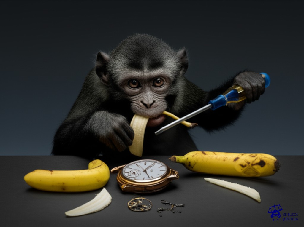 Un mono con un destornillador desarmando un reloj suizo de lujo, con una banana en la boca y el reloj regado en pedazos a su alrededor. Representa: Violación de patentes por ingeniería inversa no autorizada
