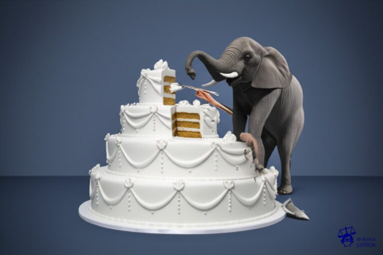 Un gran pastel de bodas finamente decorado, con una sola porción ya cortada y siendo comida por un individuo con una cuchara, mientras que el resto del pastel está siendo pisoteado por un elefante. Representa: Violación de tratados internacionales por parte de un Estado signatario