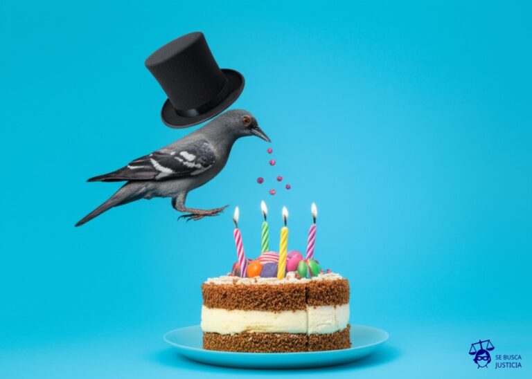 Un pájaro (representando un avión) con un sombrero de copa (símbolo de autoridad/reglas) se caga directamente en un pastel de cumpleaños (zona de exclusión). Representa: Violación de zonas de exclusión aérea establecidas por la ONU