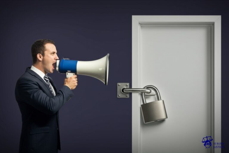 Un hombre, con un gran megáfono en la boca, parado frente a una puerta cerrada con un candado gigante. Representa: Violación del acuerdo de confidencialidad post-divorcio