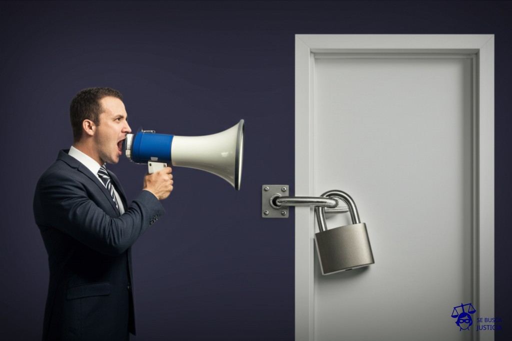 Un hombre, con un gran megáfono en la boca, parado frente a una puerta cerrada con un candado gigante. Representa: Violación del acuerdo de confidencialidad post-divorcio