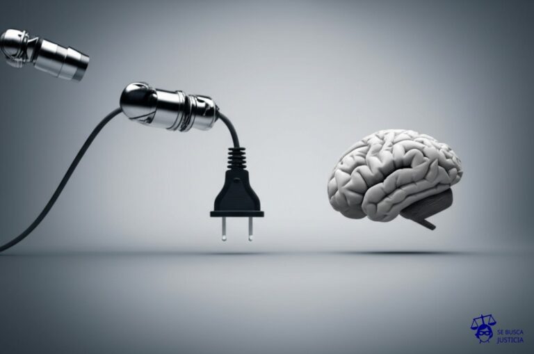 Un brazo robótico gigante con un enchufe sobresaliendo de la palma, intentando desesperadamente enchufar un cerebro humano que huye. Representa: Violación del derecho a la desconexión digital