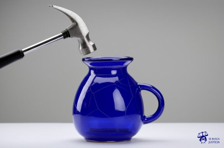 Un jarrón delicado (representando a la persona) está siendo repetidamente golpeado con un martillo de goma (representando la violación). El jarrón muestra pequeñas grietas, pero no se rompe por completo. Representa: Violación del derecho a la integridad personal