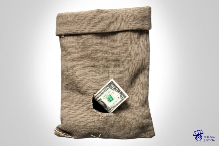 Un gran saco de arena vacío, con un agujero enorme en la parte inferior, y un pequeño y solitario billete de un dólar tirado junto al agujero. Representa: Violación del derecho a la propiedad privada sin indemnización adecuada