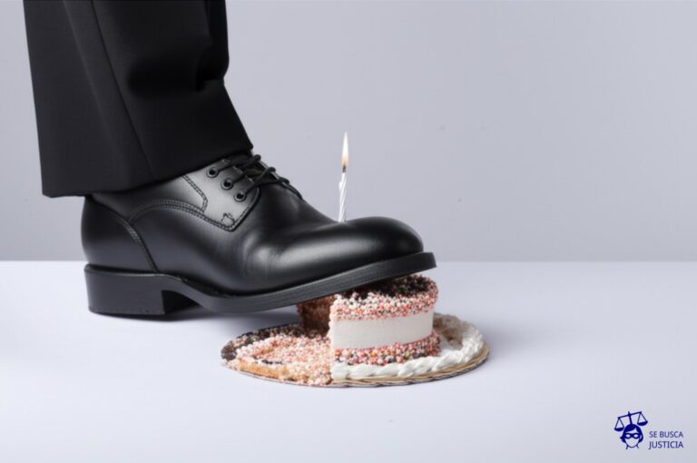 Un gran pastel de cumpleaños con una vela encendida, pero en lugar de ser cortado y compartido, está siendo aplastado por un enorme zapato. Representa: Violación del derecho a la salud como derecho constitucional